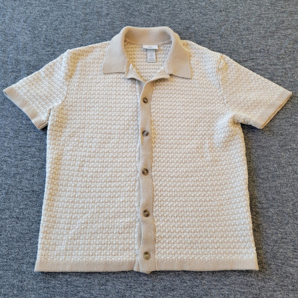 H&M Shirt Mens Knit Button Up Beige Cream Textured Cotton Chunky Medium